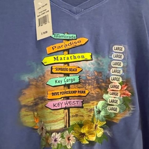 NWT juniors size L Florida Keys periwinkle v-neck short sleeve t-shirt NEW - Picture 1 of 3